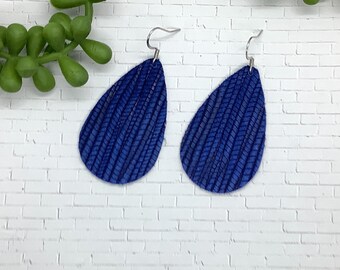 Navy Leather Teardrop Earrings, Textured Leather Earrings, Bright Navy Jewelry, Lightweight Large Earrings Christmas Gift for Mom for Sister