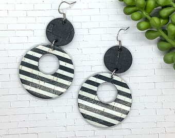 Black and White Striped Leather Hoop Earring, Fall Summer Leather Earring, Black White Statement Earring Sister Birthday Gift for Girlfriend
