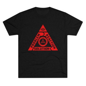 Può includere: T-shirt nera con grafica triangolare rossa. Il triangolo contiene le parole «Problema», «Reazione» e «Soluzione», con un simbolo centrale e il testo «The Hegelian Dialectic». Un capo casual e quotidiano.