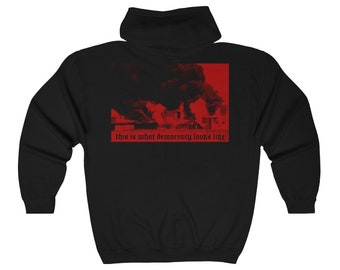 Así es como se ve la democracia Waco ATF Fire back print Unisex Heavy Blend Full Zip Hoodrt