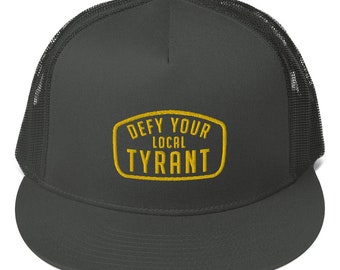 Boné snapback cinza-carvão com malha nas costas, defy your local Tyrant
