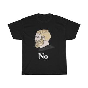 Può includere: Maglietta nera con un'immagine di un uomo con la barba in stile cartone animato e la parola "No" stampata sotto l'immagine.