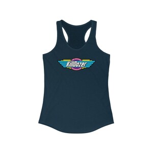May include: A navy blue tank top with a yellow, blue, and pink logo that says "The Original KillDozer Problem Solver".