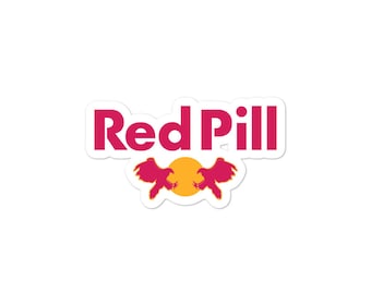 Op de afbeelding: Red Pill logo met twee rode vogels die elkaar aankijken met gespreide vleugels, een gele cirkel in het midden en de tekst "Red Pill" in rode letters.