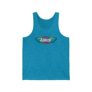 May include: A teal blue tank top with a graphic of a yellow, blue, and pink logo with the text "The Original KillDozer" on it.