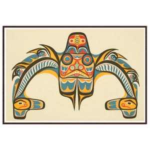 May include: A rectangular print featuring a stylized graphic illustration of a central figure with symmetrical wings extending outward. The design uses a palette of black, blue, yellow, and red on a cream background, with bold lines and geometric shapes.