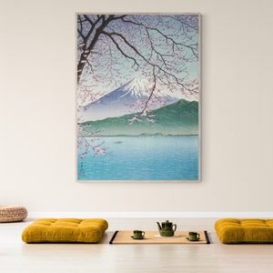 Japanese Vintage Style Art Fuji Mountain, Lake and Cherry Blossoms Kawase Hasui Japan Woodblock Print - Kishio at West Izu Canvas Art Print