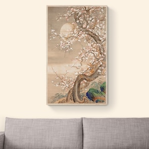 Fiori di prugno giapponesi al chiaro di luna, dipinto giapponese d'epoca di Sō Shizan, stampa su tela, arte murale, dipinto di fiori di prugno, luna piena