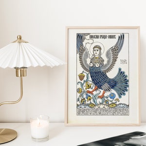 Uccello del Paradiso Sirin - Illustrazioni di uccelli in stile Art Nouveau di racconti popolari russi, poster di uccelli, racconti, magia, fantasia Stampa su tela Wall Art