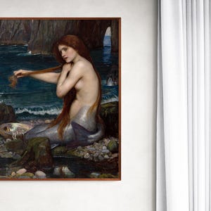A Mermaid  by John William Waterhouse, English Pre-Raphaelite Mermaid Painting Archival Giclée Fine Art Print Home Decor