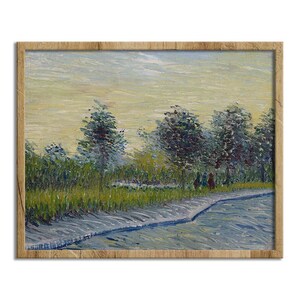 May include: A framed landscape painting featuring a canal with trees and grassy banks. The artwork uses a palette of blues, greens, and yellows, with visible brushstrokes. The wooden frame adds a rustic touch to the artwork.