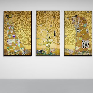 Set von 3 Panel - Gustav Klimt Die Erwartung Der Baum des Lebens Die Umarmung Druck Reproduktion Gemälde Große Leinwand Wand Kunst Poster