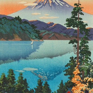 Art vintage japonais du lac Ashi dans les collines de Hakone au début de l&#39;automne 1938 par Tsuchiya Koitsu, impression japonaise Shin Hanga Fuji Mountain