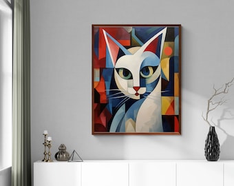 Cubist Painting Abstract Cat Canvas Art Posters and Prints,  Colorful Cubist Painting Art Animals Paintings Wall Art Decor For Living Room