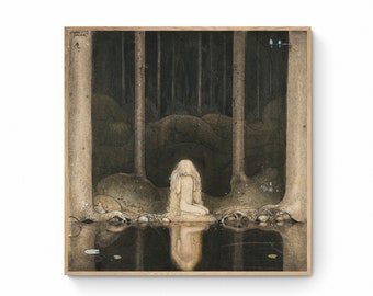 John Bauer, Princess Tuvstarr gazing into the water (1913). Wall Decor Art Poster, John Bauer Print, Canvas Wall Art, Princess, Tale