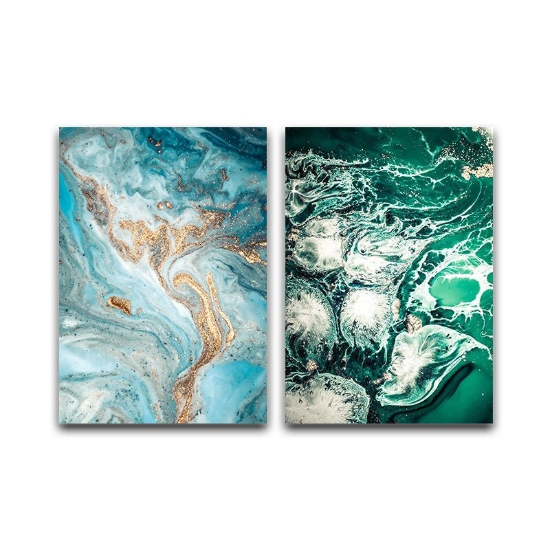 Set of 3 / 2 / 1 Green Blue White Gold Wave Ocean River Abstract Water ...