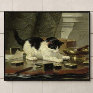 Kitten&#39;s Game by Henriëtte Ronner-Knip, Vintage Cat Kitten Painting Archival Giclée Fine Art Print Home Decor