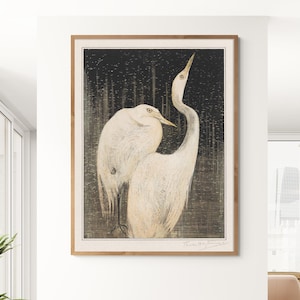 Two Egrets, Vintage Bird Color Lithography Prints, Water Birds, Theo van Hoytema, Birds Canvas Print Wall Art Home Decor
