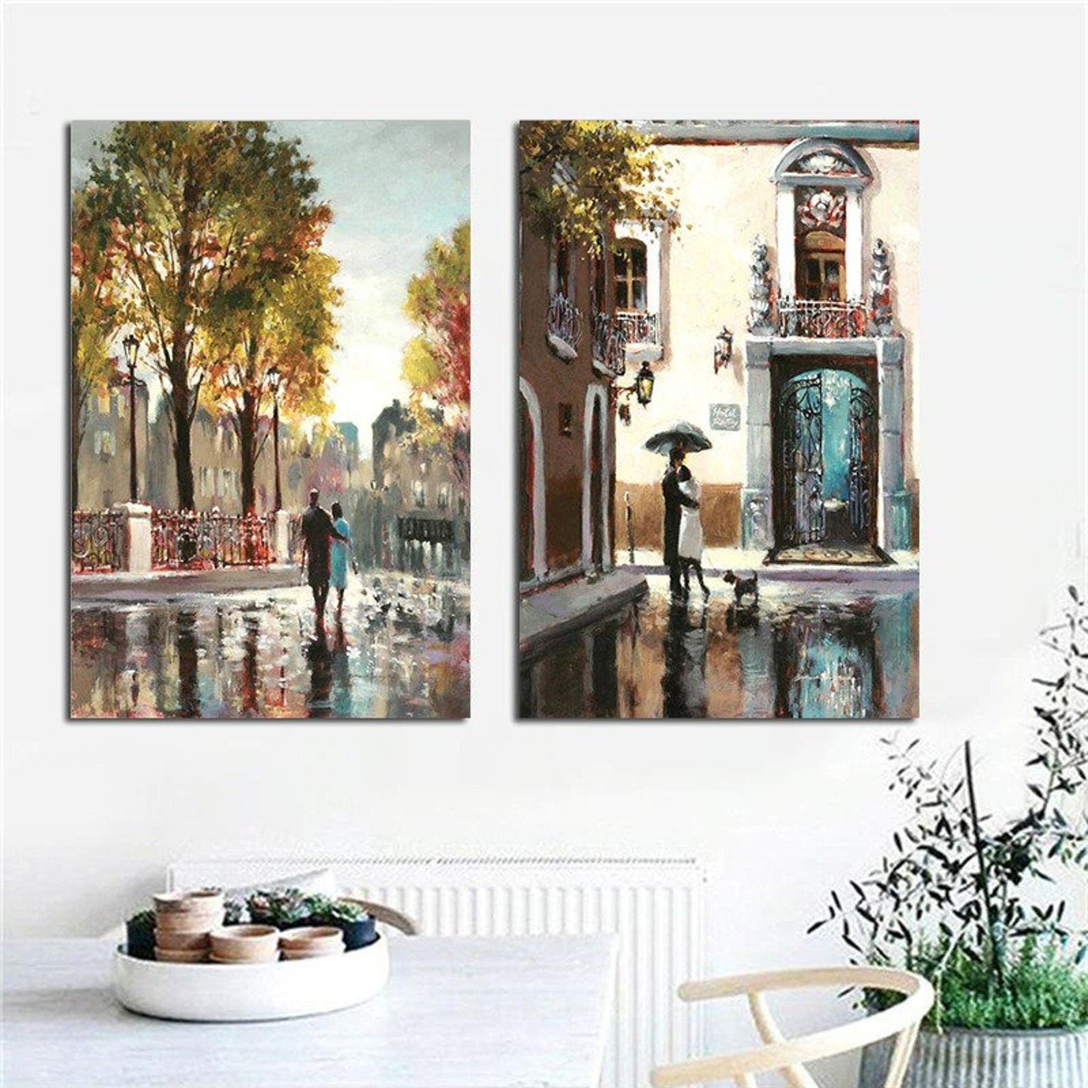 Romantic Couple Wall Art , Couple in Rainy City Painting Canvas Print