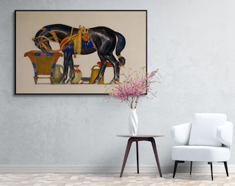 Cheval s&#39;abreuvant by Leon Bakst, Vintage Animal Horse Illustration, Pencil, Watercolour Gouache Drawing Canvas Wall Art Fine Art Print
