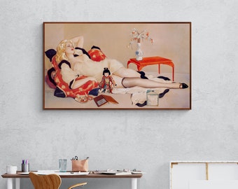 Mujer reclinada en lencería de Alberto Vargas, popular chica pin-up estadounidense, reproducción de arte sexy, lienzo, impresión artística de pared para decoración del hogar.