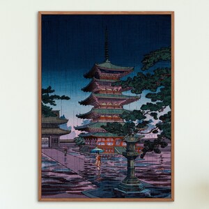 Tsuchiya Koitsu Ukiyo e Prints -  Rain at Horyuji Temple, Nara 1938 by Tsuchiya Koitsu, Japanese modern Ukiyo e prints