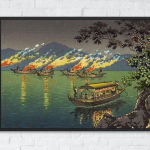 Tsuchiya Koitsu Ukiyo e Prints -  Fishing for Cormorants at Nagaragawa 1940 by Tsuchiya Koitsu, Japanese modern Ukiyo e prints