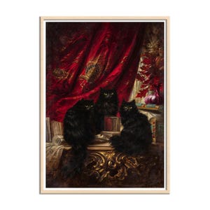 Three Black Cats, Moody Anumals Art Print, Antique Cats Painting, Black Cats Triplets Curios Looking, Shining Eyes Cats Canvas Print