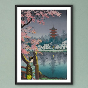 Tsuchiya Koitsu Ukiyo e Prints -  Geisha and Cherry Tree - Ueno Park 1939 by Tsuchiya Koitsu Ukiyo-e Vintage Poster,