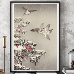 Tsuchiya Koitsu Ukiyo e Prints -  Sparrows - mitsugiri 1930 by Tsuchiya Koitsu Ukiyo-e Vintage Poster, Japanese Woodblock Prints