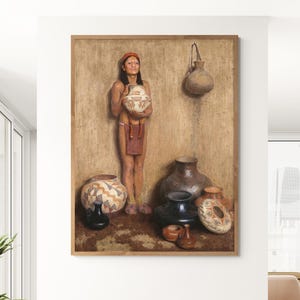 Puede incluir: Pintura enmarcada que representa a una persona sosteniendo un cuenco de cerámica decorado. Varias piezas de cerámica, incluyendo jarrones y cuencos, están dispuestas en el suelo. La obra presenta tonos cálidos y terrosos y una estética rústica, mostrando la artesanía tradicional.