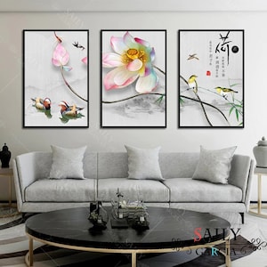 Set of 3 - Vintage Chinese Style Lotus Peony, Zen Garden Prints, Asian Zen Mediation Prints, Wall Decor, Chinese Art Canvas Print