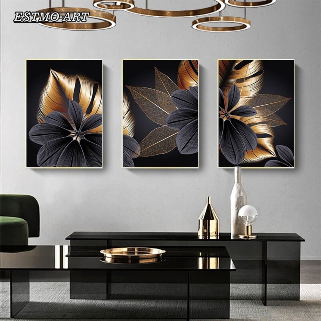 Set of 3, 2, 1 Black and Gold Leaves Wall Decor Abstract Canvas Print ...