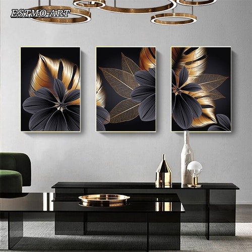 Set of 3 2 1 Black and Gold Leaves Wall Decor Abstract - Etsy