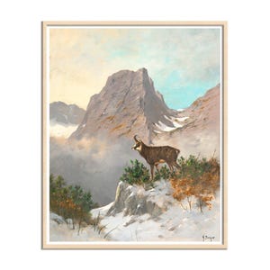 A Chamois High in the Mountains, Antique Wildlife Painting, Animal Art, Mountain Print, German Landscape Canvas Print Wall Art