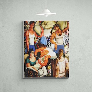 May include: A painting depicting a group of people in a bustling city scene. The painting is executed in a stylised, almost cartoonish style, with bold colours and thick outlines. The people are carrying large sacks on their backs, and there are buildings and other people in the background.