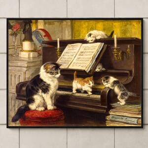 The Pianolesson by Henriëtte Ronner-Knip, Vintage Cat Kitten Painting Archival Giclée Fine Art Print Home Decor