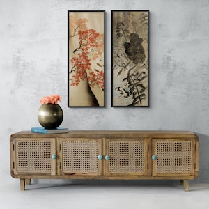 2 Panels Set - Spring Rain, Autumn Rain- By Yokoyama Taikan Antique Japanese Painting Canvas Art Print, Red Marple Leaf, Rain, Tree, Natural