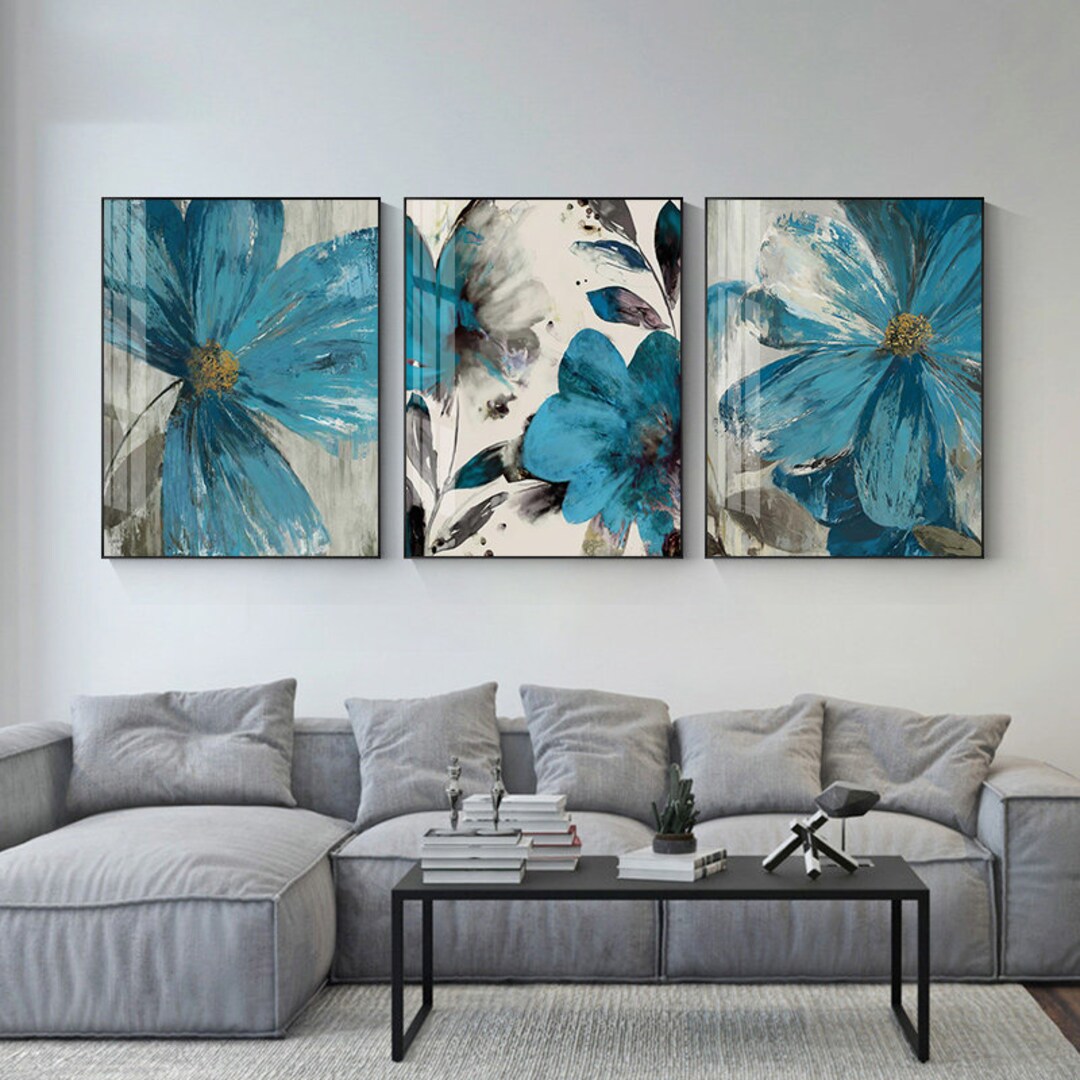 Set Print of 3 2 1 Blue Flower Wall Decor Abstract Canvas Etsy