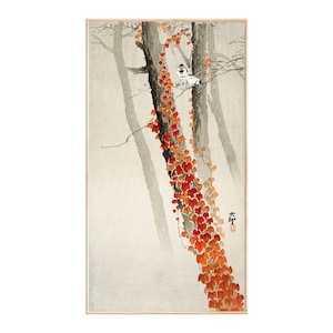 Japanischer Kunstdruck auf Leinwand, rote Blätter auf einem Zweig von Ohara Koson, Holzschnitt, Ukiyo-e, japanische Kunst, Blume, Blumendruck, Heimdekoration