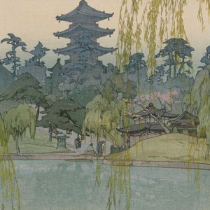 Japanese Art Print - Sarusawa Pond by Hiroshi Yoshida Japanese Woodblock Painting Canvas Wall Art Print Giclee on Canvas, Weeping Willow
