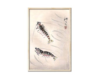 May include: A framed art print featuring two striped shrimp swimming in a light beige background with subtle gray curved lines. The shrimp have black and white bodies with pinkish legs and blue-tipped tails. Black Japanese calligraphy and a red seal are visible.