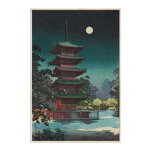 Japanese Canvas Wall Art Print Asakusa Kinryuzan Temple By Tsuchiya Koitsu, Woodblock, Ukiyo-e, Japanese Art, Full Moon Night Home decor