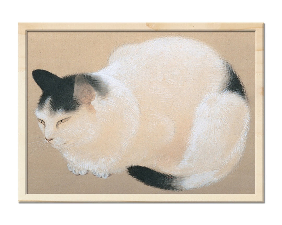 Antique Japanese Cat Painting Canvas Print Wall Art, Black and White ...