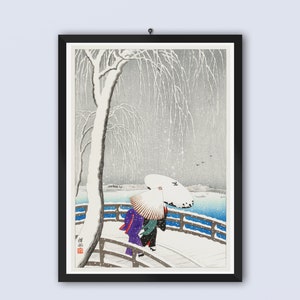 Shoson Ohara Ukiyo e Prints Snow at Yanagibashi (Yanagibashi no yuki) by Shoson Ohara Ukiyo-e Vintage Poster, Japanese Woodblock Prints