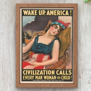 Wake up America ! Vintage Propaganda Poster, Vintage Werbeposter Reproduktion, Schöne Vintage Mädchen Retro Kunst
