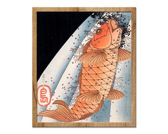 Carp Swimming up a Waterfall, Aniique Japanese Folkart, Good Harvest Hope Lucky Fortune Painting, Vintage Japanese Canvas Print