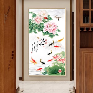 Vintage Chinese Style Lotus Peony, Koi Fish, Asian Zen Mediation Prints, Wall Decor, Chinese Art Canvas Print, Wall Art Vertical