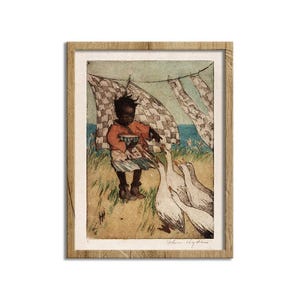 Feeding the Geese by Helen Hyde, Vintage African American Child Painting, Little Black Girl American Folk Art Canvas Art Print