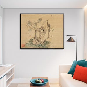 清朝時代のヴィンテージ中国絵画複製キャンバスプリントウォールアートホームデコレーション、花とエキゾチックな岩、Ju Lian作